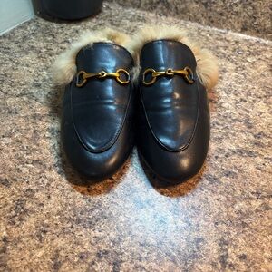 Black Leather Mules with Gold Hardware and Fur Trim